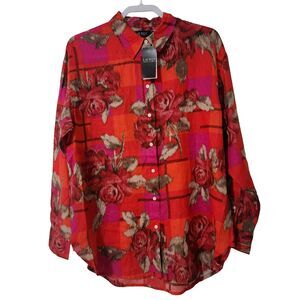 NWT Lauren Ralph Lauren Relaxed Fit Floral Linen Shirt Red Long Sleeve Women's L